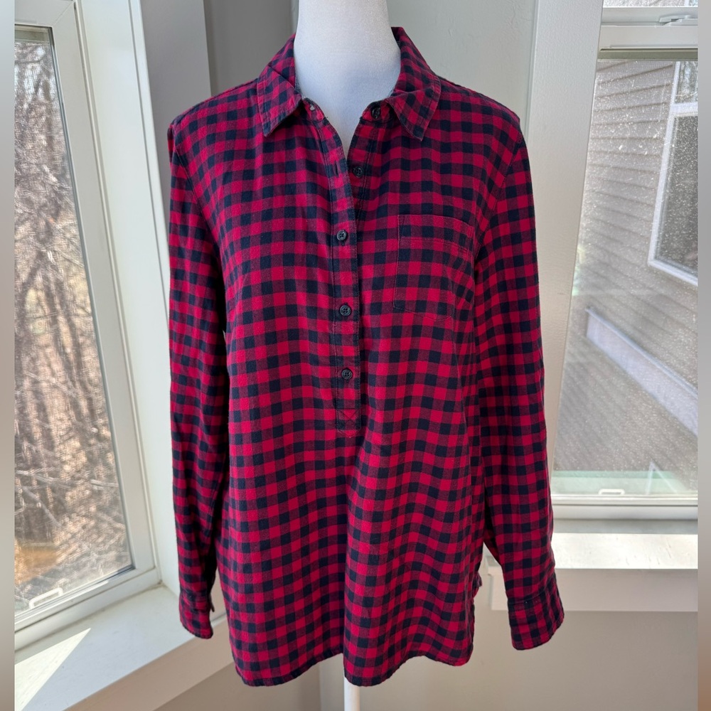 Tommy Hilfiger Navy Blue Red Windowpane Plaid Flannel Button Down Shirt Large